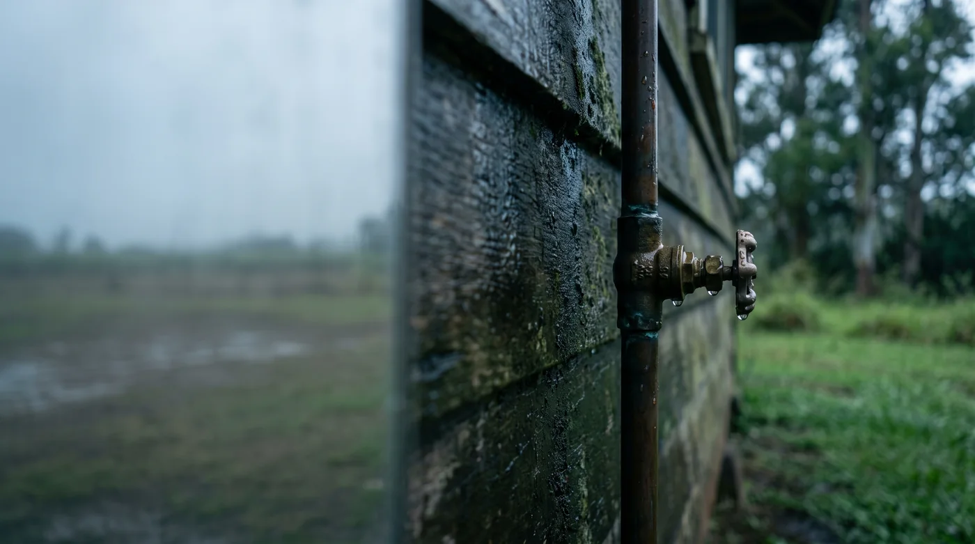 A rain soaked timber wall with a vertical water supply pipe and a brass valve, wet pasture and low cloud behind it.
