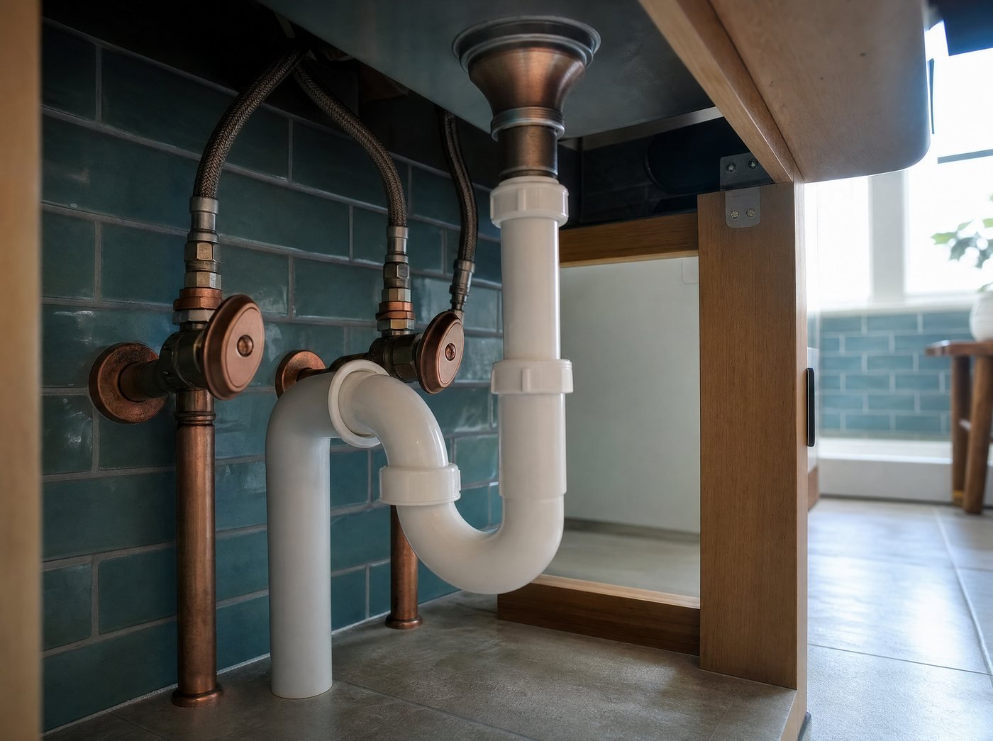 Copper stop valves, flexible supply lines and a white P trap under a newly finished sink, against a teal tiled wall.