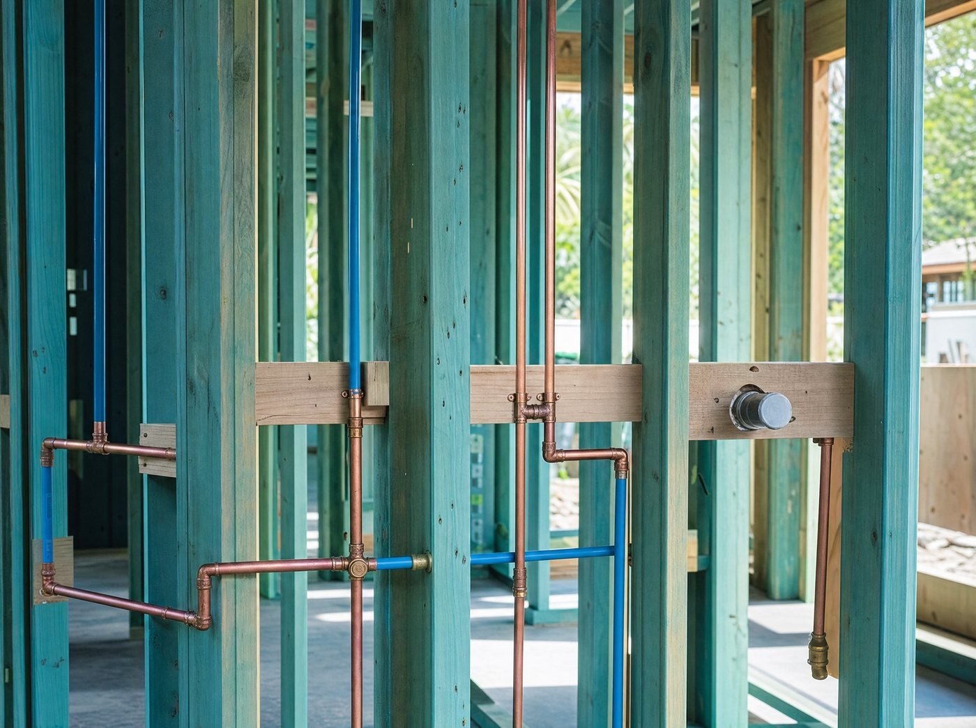 Copper and blue PEX supply lines running through the timber framing of a house under construction, with a valve set mounted on a cross brace.