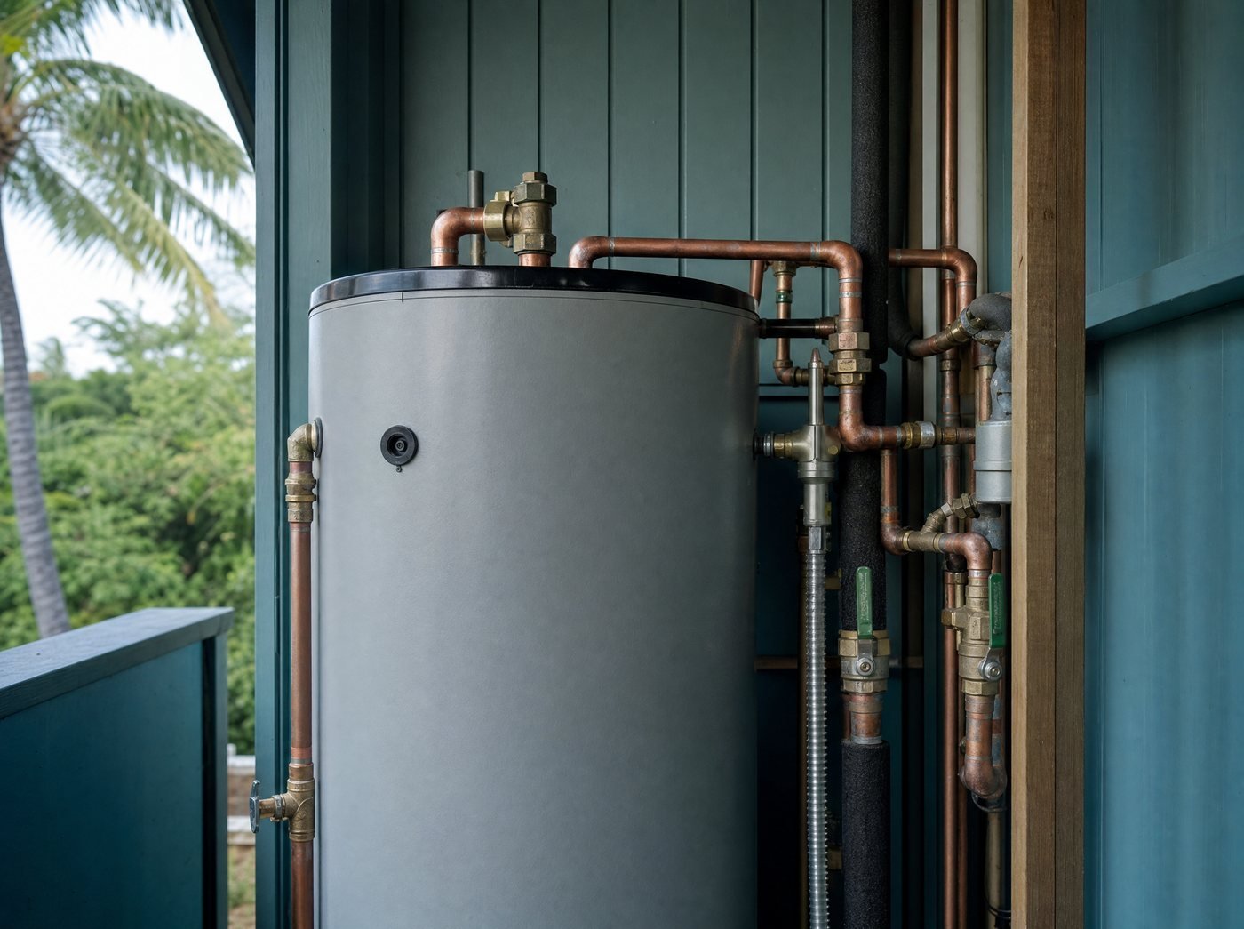 A water heater tank with copper pipework and a tidy set of valves in a utility space, palms visible through the opening.